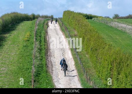 Persone, bird watching, camminate in salita su un sentiero attraverso il gesso nel South Downs National Park, West Sussex, Inghilterra, Regno Unito, durante la primavera Foto Stock