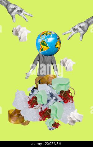 Immagine di schizzo grafica di tendenza composita collage di bianco e nero incerto uomo senza testa Terra globo invece carta spazzatura problema eco intorno Foto Stock