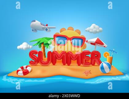 Sfondo estivo. Spiaggia di sabbia 3D. Isola di mare. Sole e divertimento. Viaggi in vacanza. Cielo blu e onde oceaniche. Il sole dei cartoni animati. Volo aereo. Cocktail tropicale. Poster dell'illustrazione vettoriale Illustrazione Vettoriale