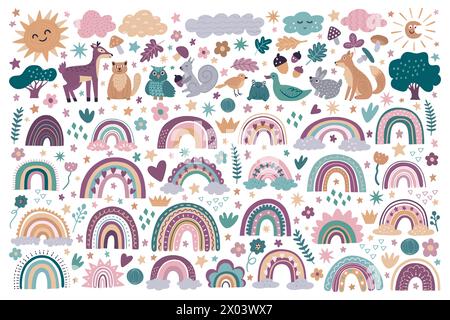 Bell'arcobaleno. Poster per bambini, motivi alla moda, carta da parati geometrica con logo o icona. Nuvole e sole, animali della foresta felici. Raccolta di bambini con foglie e fiori. Clipart del cartone animato vettoriale Illustrazione Vettoriale