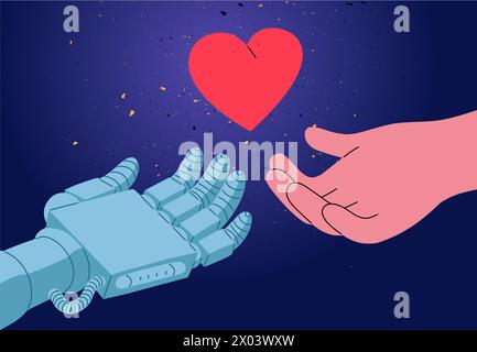 Mano umana. Macchina dell'intelligenza artificiale. Braccio che dà il cuore rosso. Tecnologia digitale aliena. Robot e comunità di persone. Felice amore e arte. Palmo di supporto. Generosità e assistenza. Concetto vettoriale Illustrazione Vettoriale