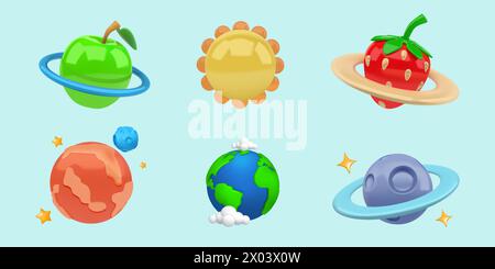 Pianeti da gioco. Stelle aliene spaziali dalla galassia fantasy o dal mondo UFO. Divertente universo magico. Anello orbitale. Marte e il satellite terrestre. Fragola cosmica e mela. Icona di rendering Sun. Set di elementi del cartone animato vettoriale Illustrazione Vettoriale