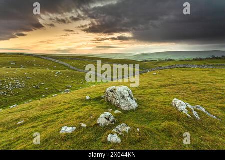 Luce dell'alba sul paesaggio ondulato di Dales vicino a Pateley Bridge, Nidderdale, Yorkshire, Inghilterra. Foto Stock