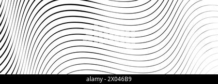 Linee nere ondulate che vanno da sottili a spesse. Onde striate disegnate con inchiostro. Sfondo geometrico astratto con struttura della superficie acquosa monocromatica. Vettore Illustrazione Vettoriale