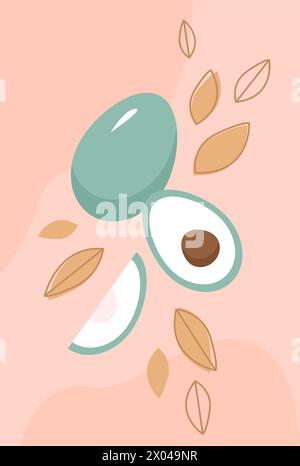 Striscione verticale intero e mezzo frutto di avocado. Illustrazione vettoriale di frutta tropicale con foglie piatte disegnate a mano Illustrazione Vettoriale