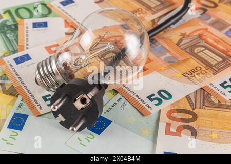 La spina di alimentazione elettrica nera e la lampadina si trovano su un tavolo coperto da banconote in euro su uno sfondo chiaro da vicino. Foto Stock