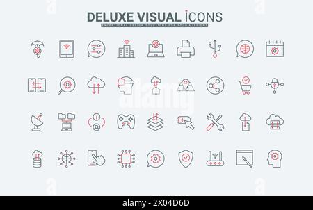 Le icone sottili di linea nera e rossa della tecnologia dati impostano l'illustrazione vettoriale. Delineare i servizi web digitali per l'archiviazione e la trasmissione di informazioni, la sincronizzazione del backup e la distribuzione in rete Illustrazione Vettoriale