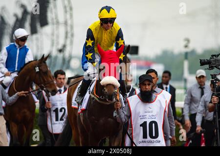 Sea Stone e il fantino Jim Crowley partono per la Dubai Gold Cup del gruppo 2, Meydan Racecourse, Emirati Arabi Uniti, 30/03/24. Crediti JTW equine Images / Alamy. Foto Stock