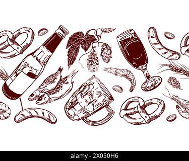 Bicchiere da birra, tazza, bottiglia, luppolo, gamberi, pesce, pretzel, grano. Bordo senza cuciture. Illustrazione vettoriale per etichette, banner, menu, invito al festival. Illustrazione Vettoriale