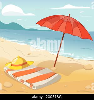 Concetto di spiaggia estiva con pietre e sabbia. Asciugamano a righe vettoriali e cappello sotto l'ombrello. Spiaggia di mare estiva con montagne e nuvole. Illustrazione Vettoriale