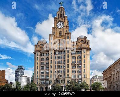 Regno Unito, Liverpool, Pier Head, Royal Liver Building. Foto Stock