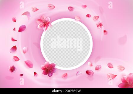 Vento con petali sakura cadenti isolati su sfondo rosa. Illustrazione Vettoriale