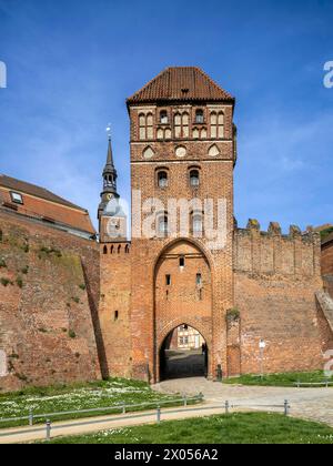 Stadtmauer mit Elbtor und dem Kirchturm der evangelischen Kirche St Stephan Tangermünde Sachsen-Anhalt Deutschland *** mura cittadine con porta dell'Elba e il campanile della chiesa protestante di Santo Stefano Tangermünde Sassonia Anhalt Germania Foto Stock