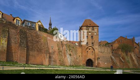 Stadtmauer mit Elbtor und dem Kirchturm der evangelischen Kirche St Stephan Tangermünde Sachsen-Anhalt Deutschland *** mura cittadine con porta dell'Elba e il campanile della chiesa protestante di Santo Stefano Tangermünde Sassonia Anhalt Germania Foto Stock