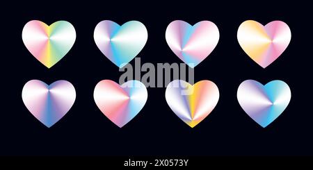 Set di diversi adesivi ologrammi a forma di cuore. Illustrazione Vettoriale
