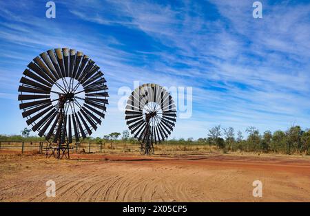 Due grandi mulini a vento nell'entroterra del Northern Territory Australia Foto Stock