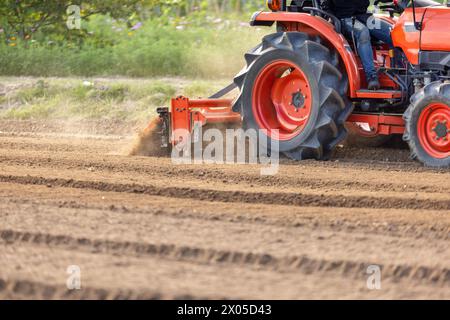 Trattore che coltiva terreni con un timone rotativo in azienda agricola. Foto Stock