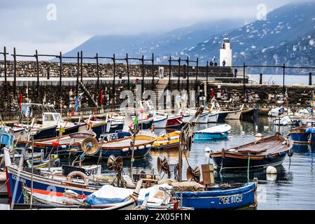 Barche da pesca nel porto di Camogli in Italia che si riflettono sull'acqua con i colorati e antichi appartamenti in primo piano. Foto Stock