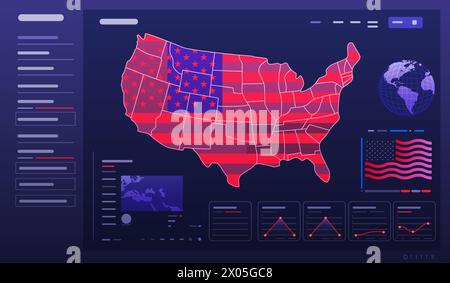 Banner statistico per le elezioni presidenziali negli Stati Uniti con infografiche statistiche per le elezioni americane con mappe e grafici di dati Illustrazione Vettoriale