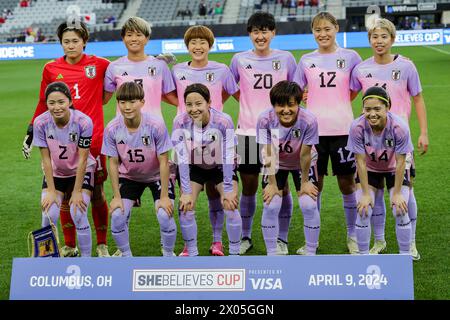 Columbus, Ohio, Stati Uniti. 9 aprile 2024. La nazionale femminile del Giappone si allinea prima della partita tra la nazionale femminile del Giappone e la nazionale femminile del Brasile al Lower.com Field di Columbus, Ohio. Il Brasile ha vinto 2-1 (Credit Image: © Scott Stuart/ZUMA Press Wire) SOLO PER L'USO EDITORIALE! Non per USO commerciale! Foto Stock