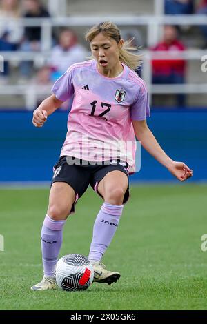 Columbus, Ohio, Stati Uniti. 9 aprile 2024. La campionessa della nazionale giapponese Rion Ishikawa (12) controlla la palla durante la partita tra la nazionale femminile giapponese e la nazionale femminile brasiliana al Lower.com Field di Columbus, Ohio. Il Brasile ha vinto 2-1 (Credit Image: © Scott Stuart/ZUMA Press Wire) SOLO PER L'USO EDITORIALE! Non per USO commerciale! Foto Stock