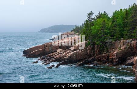 Vista panoramica della costa frastagliata e dell'oceano presso Monument Cove, l'Acadia National Park, Mount Desert Island, Maine, Stati Uniti. Foto Stock