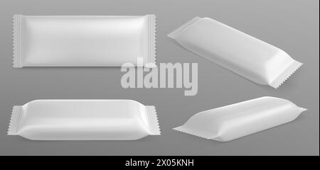 Mockup con barretta di cioccolato. Involucro di caramelle bianche. Vettore mock-up pacchetto snack vuoto. set di viste vuote in bustina di alimenti isolati 3d. Confezione di biscotti dolci con parte superiore e laterale modello di icona dal design realistico Illustrazione Vettoriale