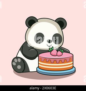 Simpatico orso di panda cartoni animati con una gustosa illustrazione di torta di fragole. Illustrazione Vettoriale