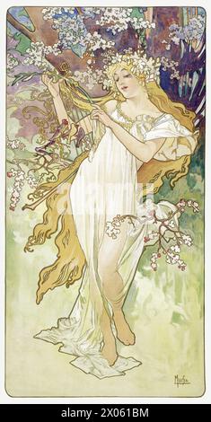 Art Nouveau di Alphonse Mucha - stagioni, primavera - correzione del colore Foto Stock
