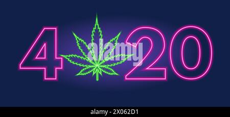 420 in stile neon. Happy Weed Day con un brillante numero quattro venti viola su sfondo scuro e foglia verde di marijuana. Backgro di cannabis natalizia Illustrazione Vettoriale