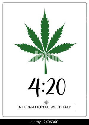 420 giorni festivi per le erbacce. Striscione dal design estetico in semplice stile minimalista con foglie di marijuana di canapa di cannabis. Ottimo per l'invito, il poster, il biglietto d'auguri Illustrazione Vettoriale