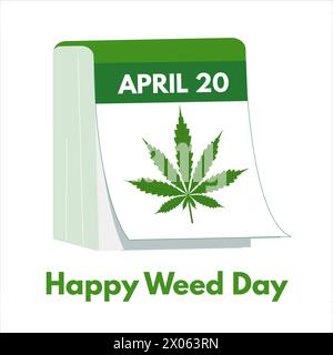 Happy 420 Day, banner della giornata internazionale delle erbacce con data di calendario del 20 aprile, che mostra la foglia di marijuana di canapa di cannabis. Illustrazione vettoriale, buona per poste Illustrazione Vettoriale