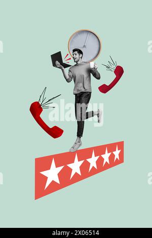Collage fotografico verticale giovane energico uomo in corsa che squilla telefonata risposta portatile sovraccarico gestione del tempo di lavoro occupato Foto Stock
