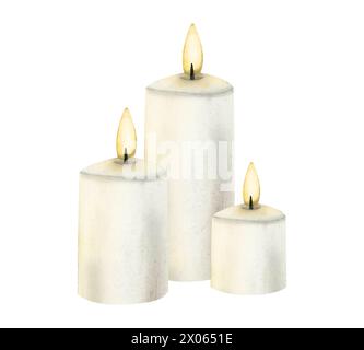 Tre candele di Natale bianche con illustrazione ad acquerello fiamma per biglietti di auguri di Capodanno in stile realistico Foto Stock