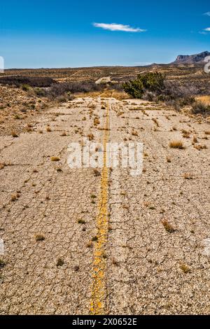 Sezione abbandonata dell'autostrada US-180, US-62 con overgrowth, Guadalupe Mountains in lontananza, Texas, USA Foto Stock