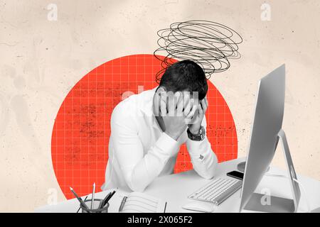 Collage fotografico composito di un giovane uomo d'affari stanco problemi con la testa problema di scadenza sul posto di lavoro lavorato troppo isolato su sfondo dipinto Foto Stock