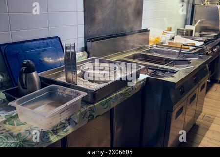 Attrezzature per friggere a fondo piatto. Friggitrici industriali in un ristorante. Le friggitrici profonde in acciaio inox si avvicinano. Foto Stock