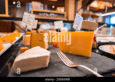 Selezione di formaggi gourmet con etichetta Brie sulla tavola di ardesia Foto Stock