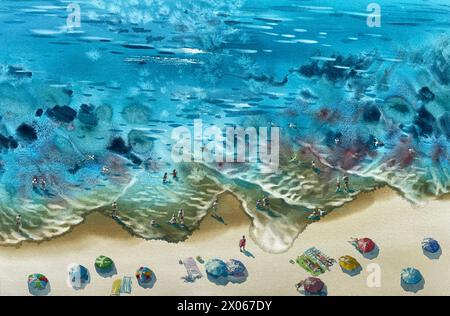 Un panorama sulla spiaggia di mare con sfondo ad acquerello plage Foto Stock