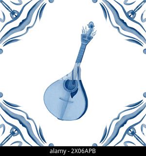 La chitarra di Fado per le canzoni tradizionali. Illustrazione acquerello in blu e bianco. Simbolo della cultura portoghese. Elemento di piastrelle azulejo. Per adesivi Foto Stock