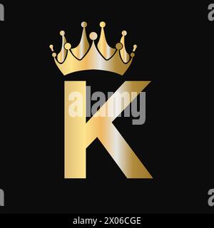 Modello con logo a corona lettera K. Logo Royal Crown insegna di lusso per bellezza, moda, stella, simbolo elegante Illustrazione Vettoriale