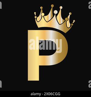 Modello con logo a corona Letter P. Logo Royal Crown insegna di lusso per bellezza, moda, stella, simbolo elegante Illustrazione Vettoriale
