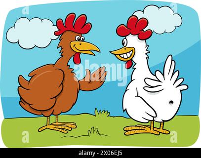 Cartone animato che illustra due personaggi di uccelli della fattoria di polli che parlano Illustrazione Vettoriale