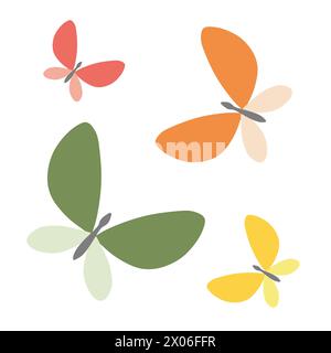 Doodle di Butterfly Set. Raccolta dell'illustrazione Vector Flat disegnata a mano. Colorato Cartoon Clipart isolato su sfondo bianco. Elementi semplici per Illustrazione Vettoriale