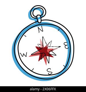 Icona contorno colore bussola. Illustrazione lineare vettoriale con forme di colore isolate su bianco. Navigazione disegnata a mano per viaggiare, Tou Illustrazione Vettoriale