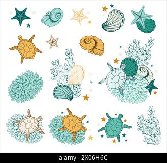 Turchese e Gold Seashells tartarughe Sea Stars illustrazioni marine estive Vector Illustrazione Vettoriale