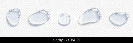Il liquido trasparente lascia cadere il set di illustrazioni vettoriali realistiche. Goccioline di olio cosmetico. Prodotti per la cura della pelle in gel di collagene oggetti 3d su sfondo trasparente Illustrazione Vettoriale
