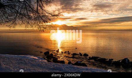 La luce dorata del sole invernale che tramonta sul panorama alpino si riflette sul lago, la Germania, la Baviera e il lago Chiemsee Foto Stock