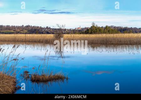 Vista sul lago Moosbergsee verso Murnau, Germania, Baviera, Murnauer Moos Foto Stock