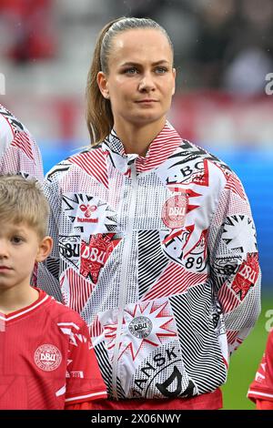 Viborg, Danimarca. 09 aprile 2024. Frederikke Thogersen (15) della Danimarca, nella foto di martedì 9 aprile 2024 a Viborg, durante una partita di calcio tra le nazionali femminili di Danimarca e Belgio, chiamata Red Flames, nella seconda giornata del girone A2 nella fase di campionato del campionato europeo di qualificazione femminile 2023-24, Danimarca . Crediti: Sportpix/Alamy Live News Foto Stock